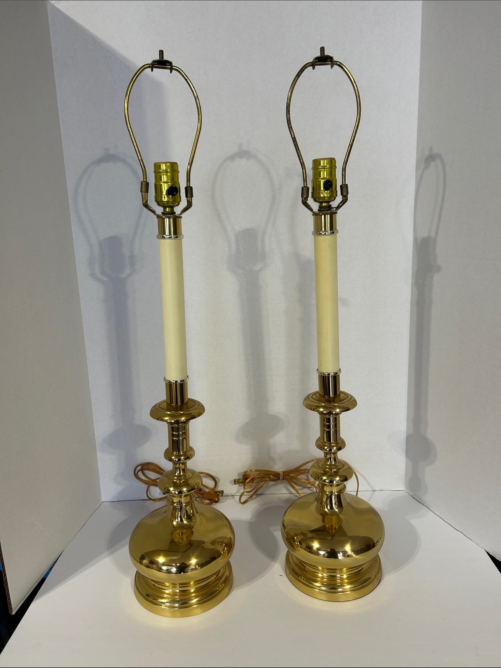 Brass Table Lamp Pair with Cream Harps - Unbranded